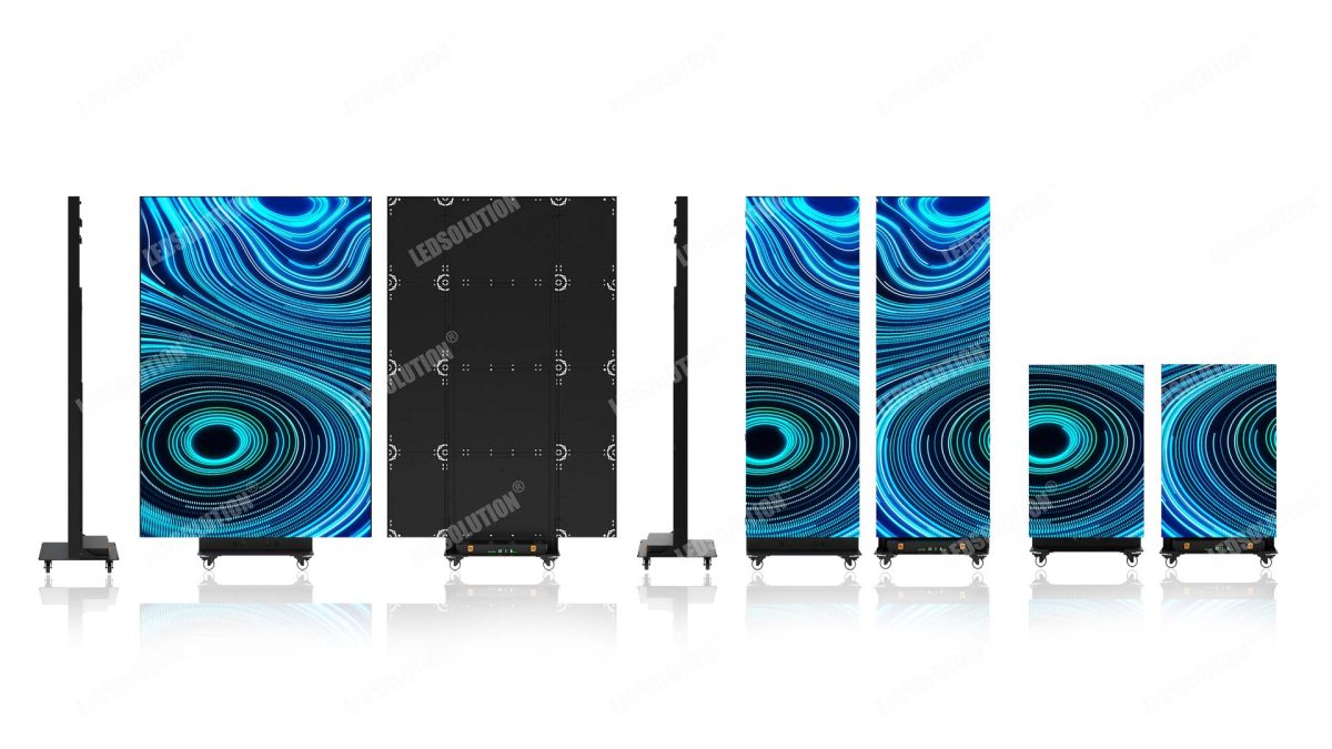 5-Fold LED poster display showing expanded, double-sided, and fully folded packing configurations