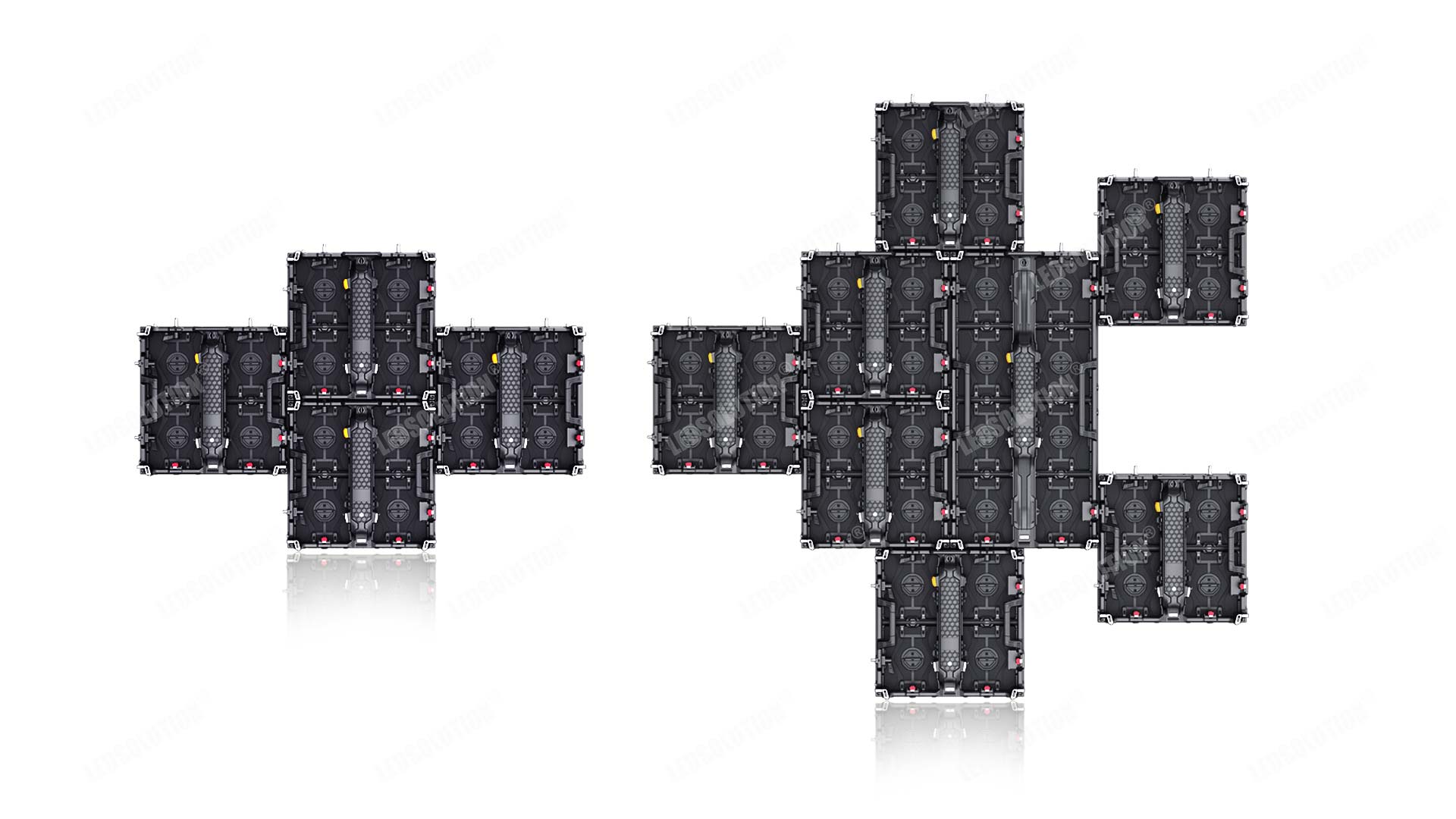 RN Series LED display supports 250mm vertical stacking offset and 250mm horizontal connection offset for flexible installation