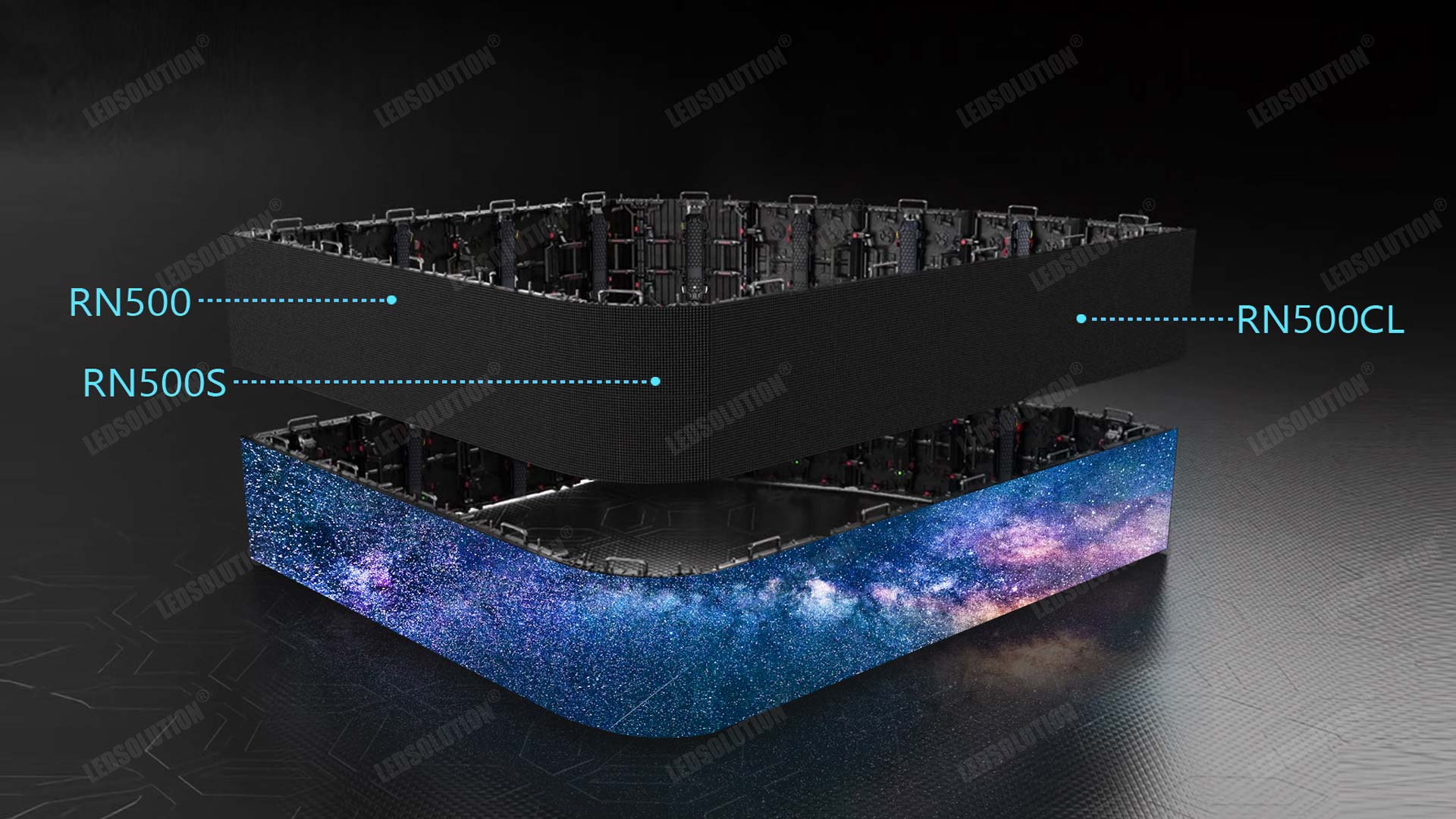 RN Series LED display cabinets in multiple sizes combined freely to create flexible configurations