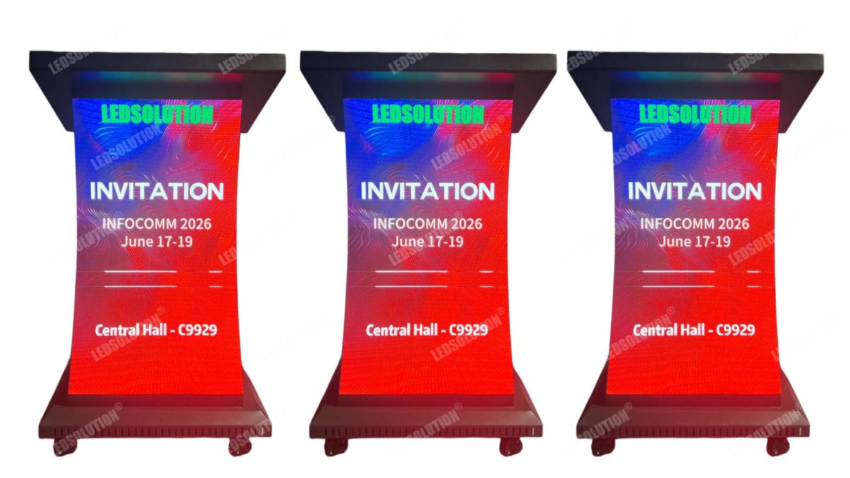 FLEX95 P1.81 curved podium LED display with 9:16 vertical format and W540×H960mm compact design for conference and speech applications